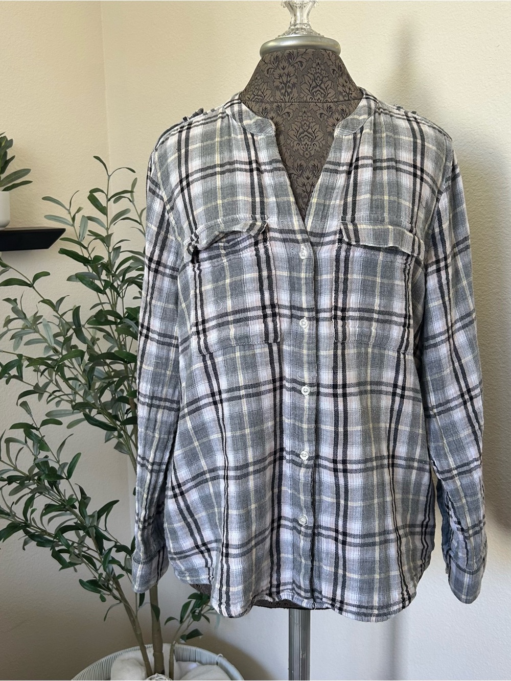 Calvin Klein Woman’s Grey Plaid Button-Down Shirt